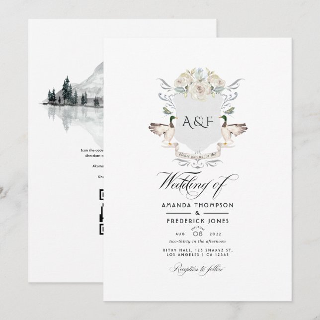 Lakeside Monogram Crest QR Code RSVP Wedding Invitation (Front/Back)