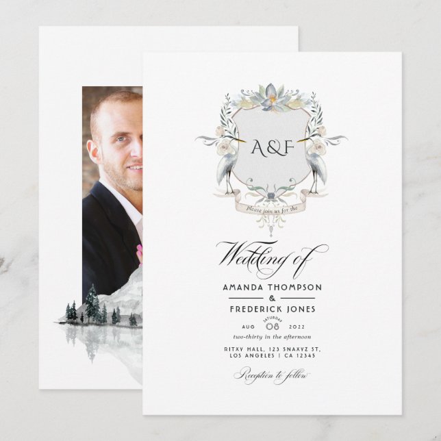 Lakeside Monogram Laurel Crest Wedding Photo Invitation (Front/Back)