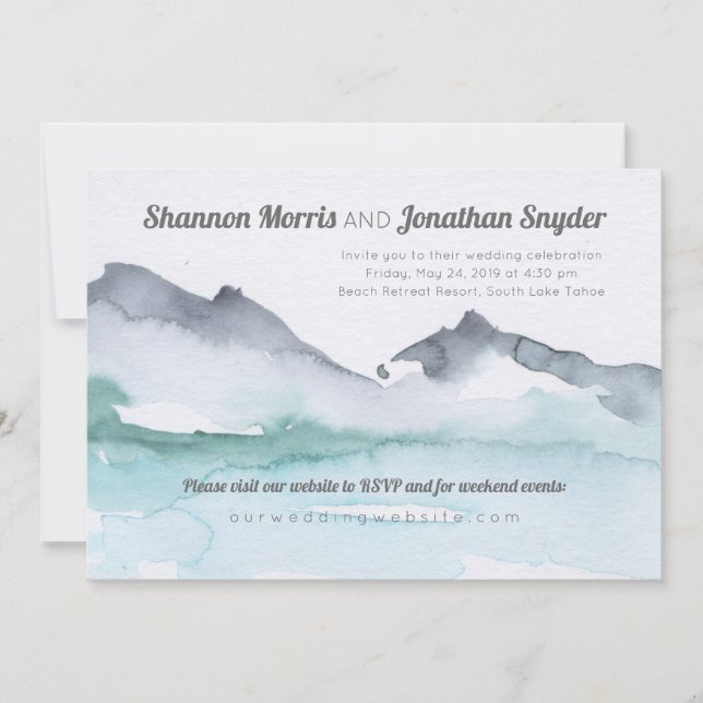 Lakeside Mountain Watercolor Wedding Invite (Front)