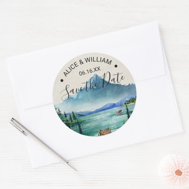 Lakeside Mountain Wedding Save the Date Sticker (Envelope)