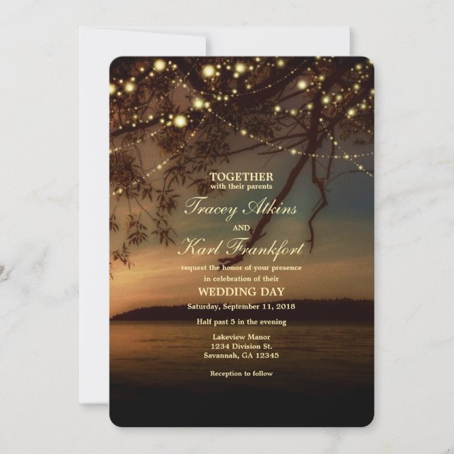 Lakeside Rustic String Lights Wedding Invitation (Front)