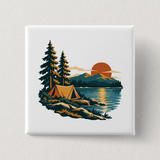 Lakeside Sunset Tent and Pines Camping 2 Inch Square Button