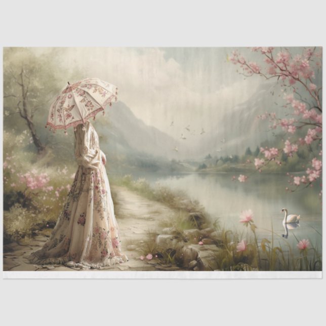 Lakeside, Swan, Elegant Lady, Floral Landscape Tissue Paper (Front)