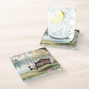 Lakeside Swing in Romantic Watercolor Garden Glass Coaster