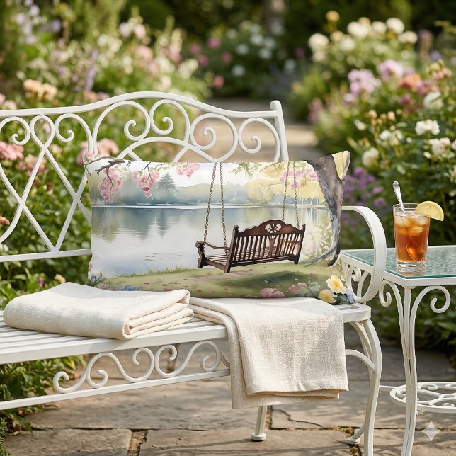 Lakeside Swing in Romantic Watercolor Garden Lumbar Pillow (Lakeside Swing in Romantic Watercolor Garden Lumbar Pillow Mockup A)
