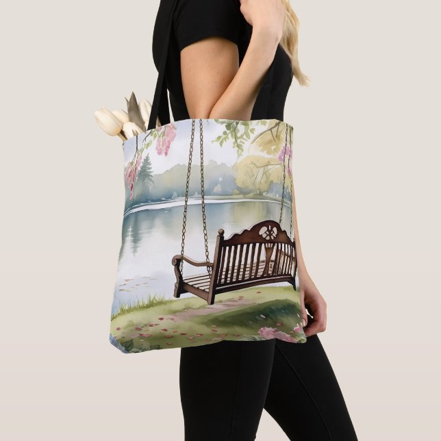 Lakeside Swing in Romantic Watercolor Garden Tote Bag (Close Up)