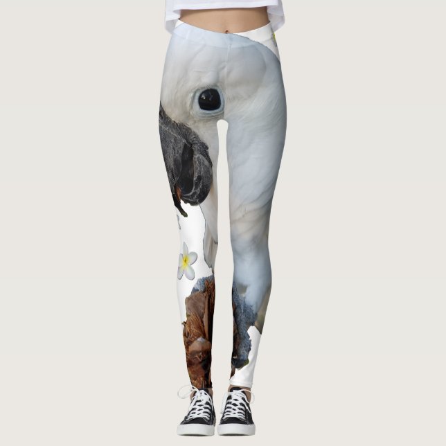 Lala The Cockatoo with Pine Cone and Plumeria Leggings (Front)