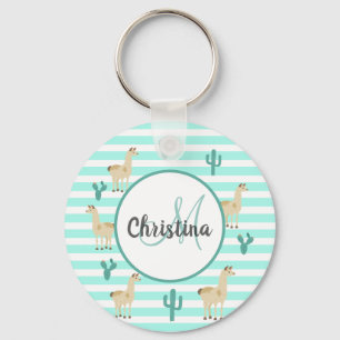 Lama and cactus on green white stripes name keychain