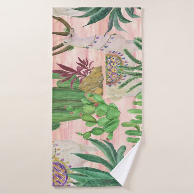 Lamas aquarelle et motif cactus. (Serviette de bain)