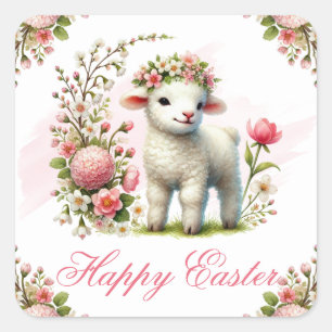 Lamb and Spring Flowers Happy Easter Square Sticker