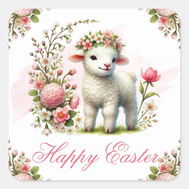 Lamb and Spring Flowers Happy Easter Square Sticker (Front)