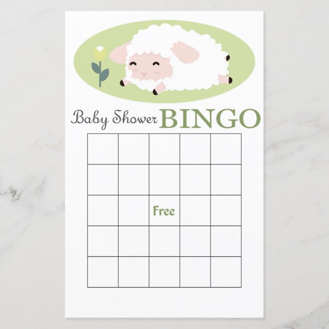 lamb baby shower bingo card (Front)