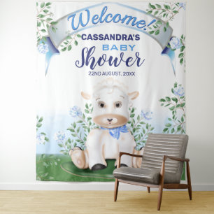Lamb Blue Floral Baby Shower Backdrop Tapestry