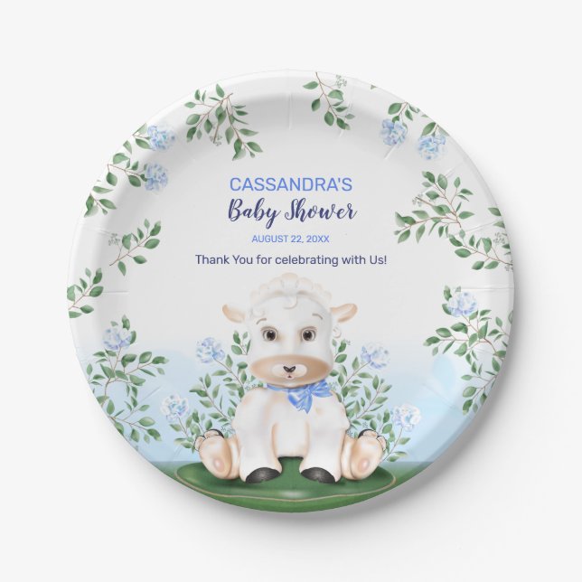 Lamb Blue Floral Baby Shower Paper Plate (Front)