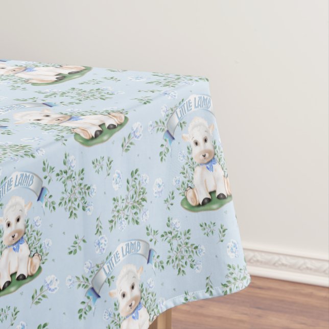 Lamb Blue Floral Baby Shower Tablecloth (In Situ)