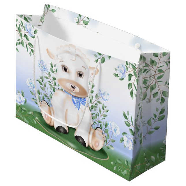 Lamb Blue Floral Boy Baby Shower Large Gift Bag (Front Angled)