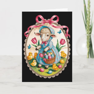 Lamb Easter Bunny Egg Hunt Vintage Spring Pink Bow Card