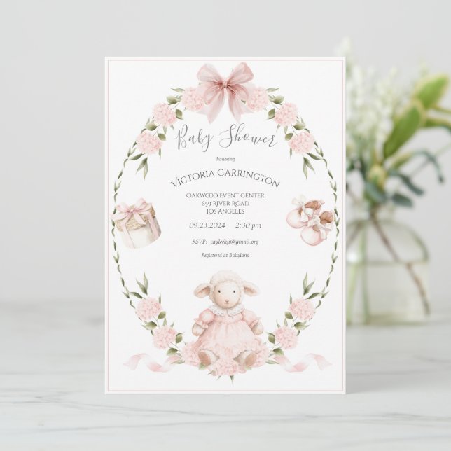 Lamb Floral Hydrangeas Pink Girl Baby Shower Invitation (Standing Front)