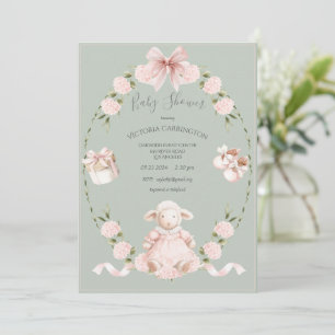 Lamb Floral Hydrangeas Pink Sage Girl Baby Shower Invitation
