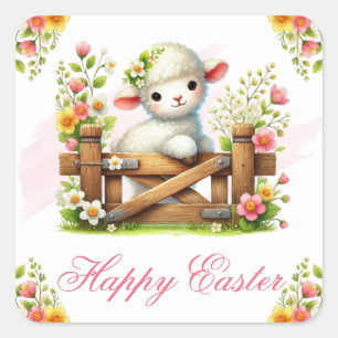 Lamb, Flower Crown & Wooden Gate Happy Easter Square Sticker