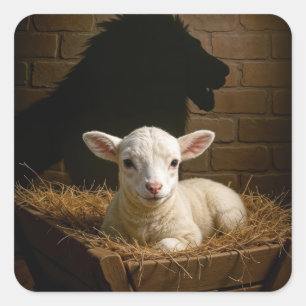 Lamb In a Manger With Lion Shadow Square Sticker