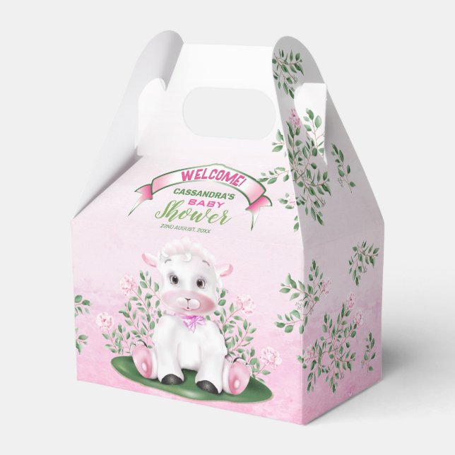 Lamb Pink Floral Baby Shower Favor Box (Front Side)