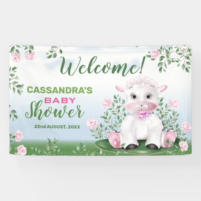 Lamb Pink Roses Floral Baby Shower Banner (Horizontal)