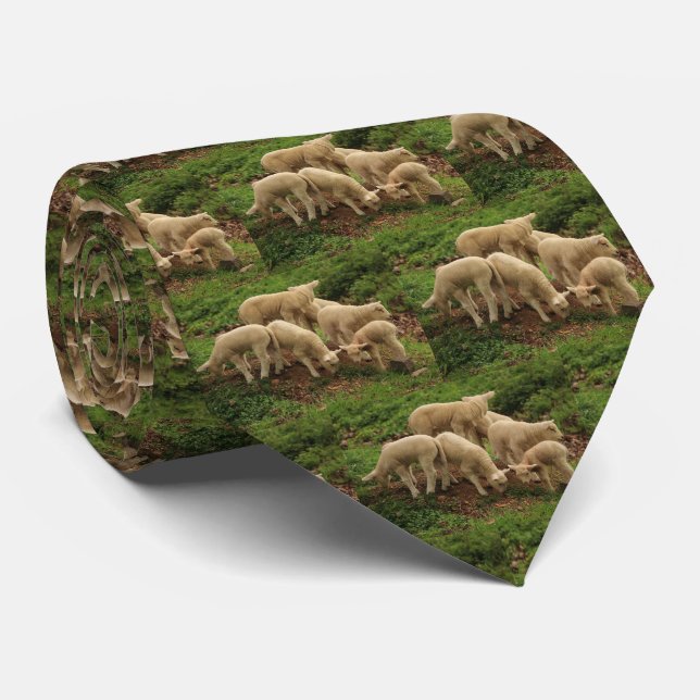 Lamb Sheep Livestock on Green Grass Print Neck Tie (Rolled)