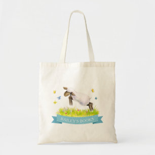 Lamb skipping spring whimsy art name book bag