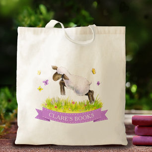 Lamb skipping spring whimsy art purple name book tote bag