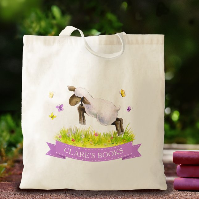 Lamb skipping spring whimsy art purple name book tote bag (Creator Uploaded)
