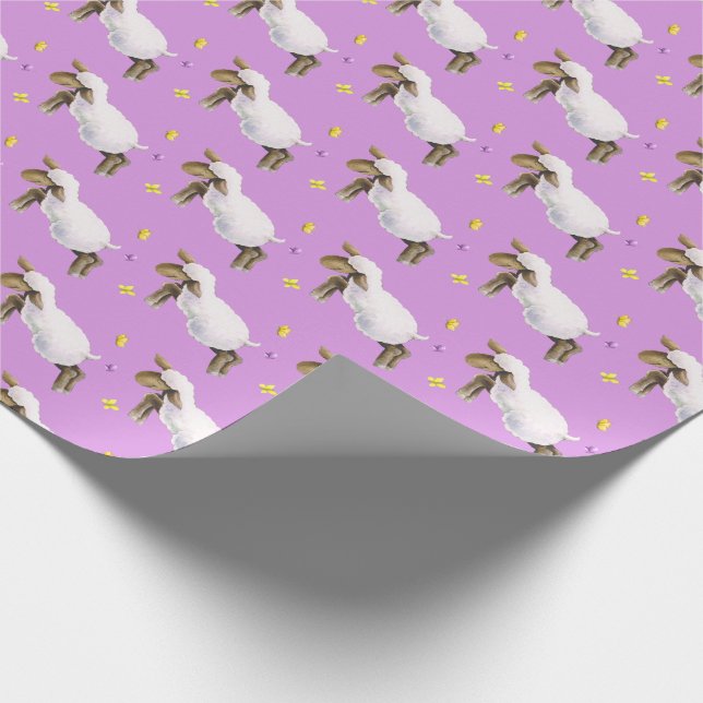 Lamb skipping whimsy watercolor art purple pattern wrapping paper (Corner)