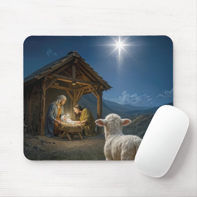 Lamb Watching the Nativity Scene Mouse Pad (With Mouse)