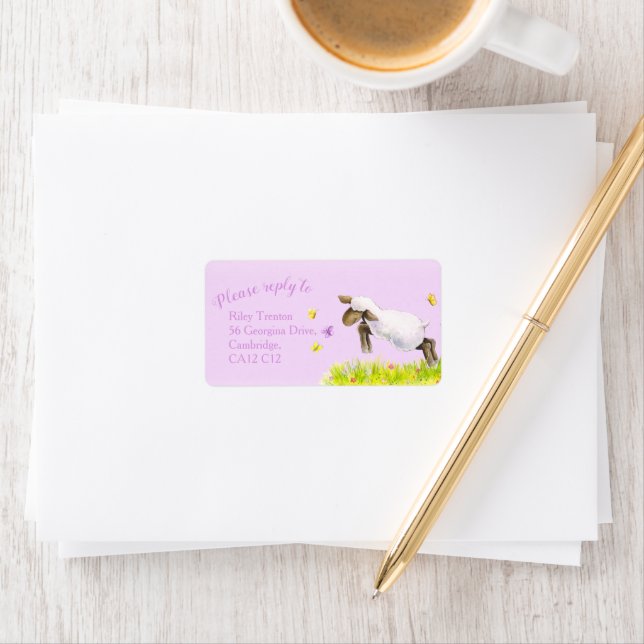 Lamb whimsy watercolor purple reply address labels (Insitu)