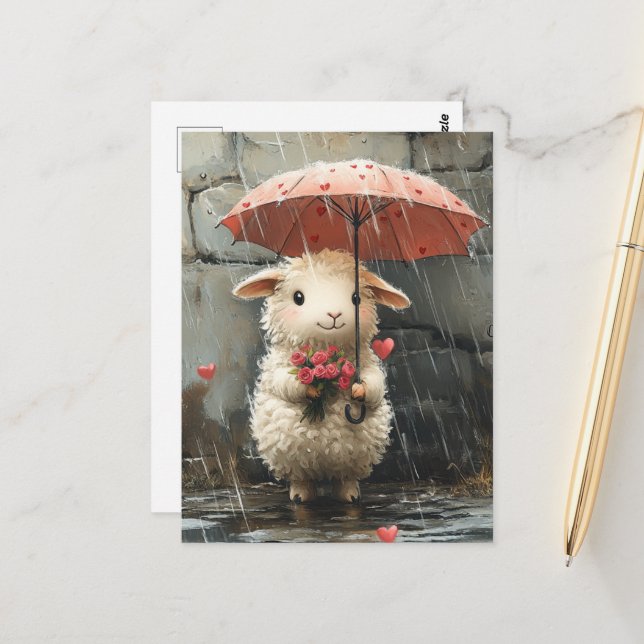Lamb with Hearts, Roses and Umbrella Postcard (Front/Back In Situ)