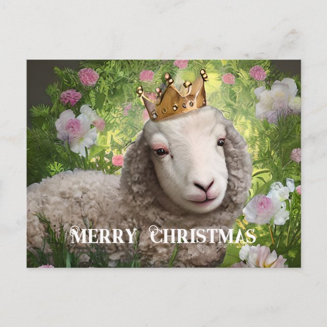 Lamb With King Crown Merry Christmas Illustration Postcard (Front)