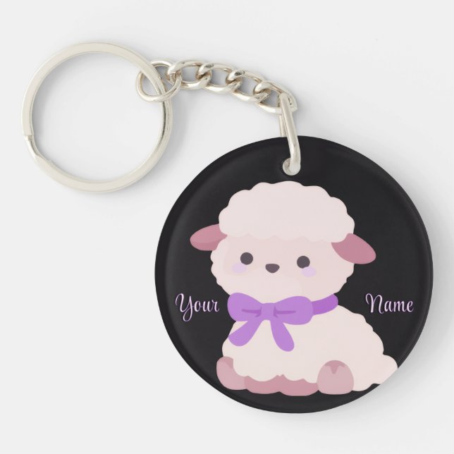 Lamb with Purple Bow Cute Kawaii Custom Black Keychain (Front)