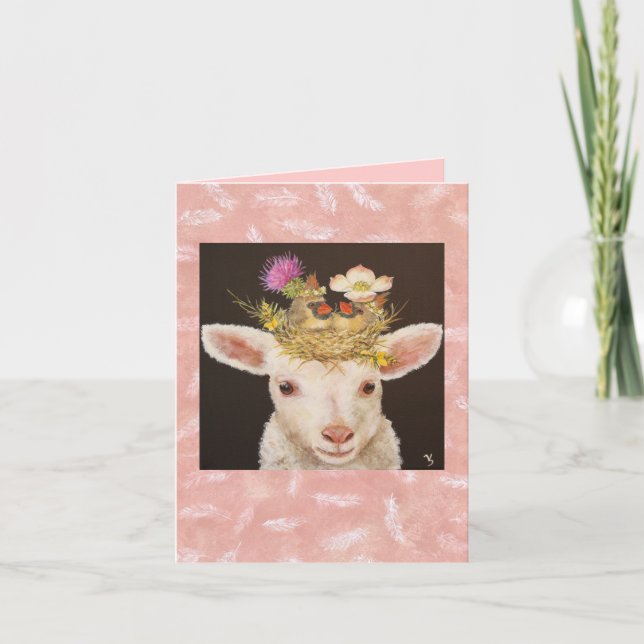 Lamb with two baby cardinals notecard (Front)