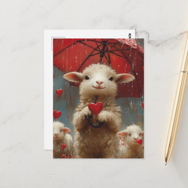 Lamb with Umbrella in Rain holding a Heart Postcard (Front/Back In Situ)
