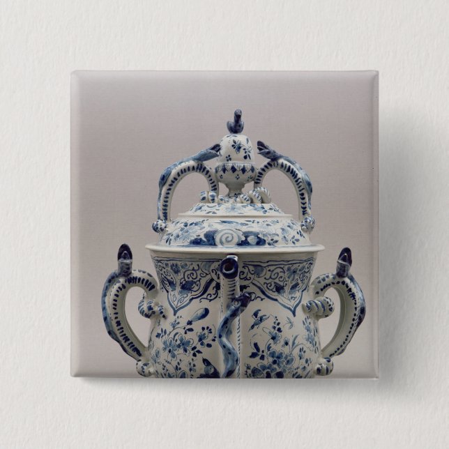 Lambeth Delftware posset pot, blue and white 2 Inch Square Button (Front)