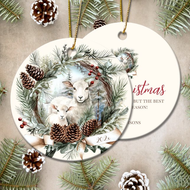 Lambs farm animals rustic Christmas wreath Ceramic Ornament (Lambs farm animals rustic Christmas wreath Ceramic Ornament)