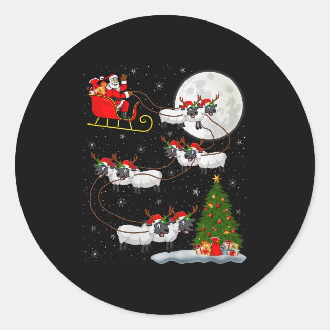 Lambs Sheep Santa Sleigh Flying Funny Magical Chri Classic Round Sticker (Front)