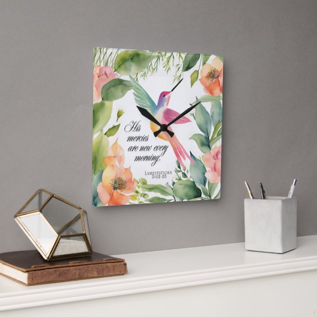 Lamentations 3:22-23 Hummingbird Christian  Square Wall Clock (Office)