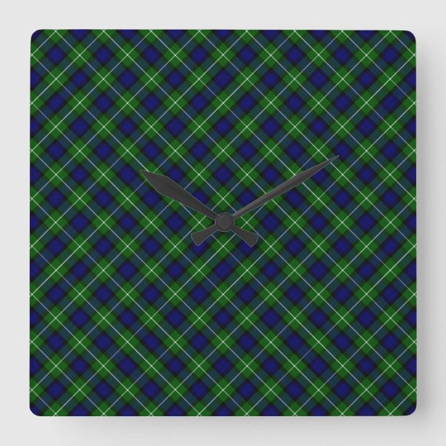Lamont tartan blue green plaid square wall clock (Front)