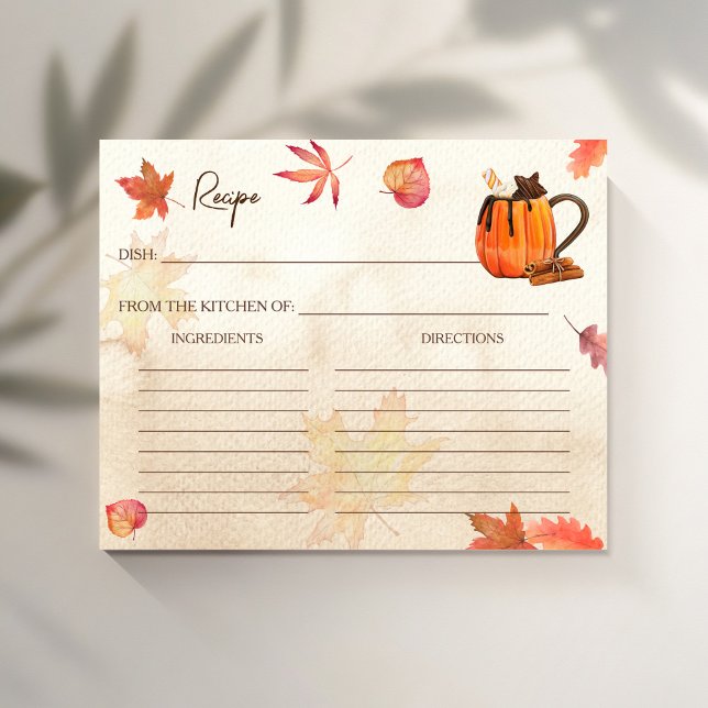 L'amour brasse l'automne nuptiale carte de recette (Love is brewing fall bridal shower recipe cards pumpkin maple leaves hot chocolate)