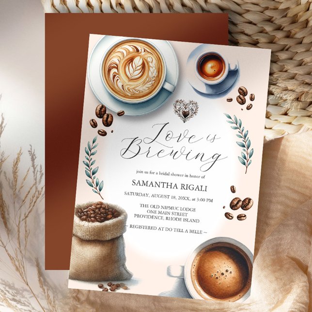 L'amour brasse les invitations Fête des mariées Ca (Love is brewing brunch bridal shower invitations features watercolor coffee illustrated design)