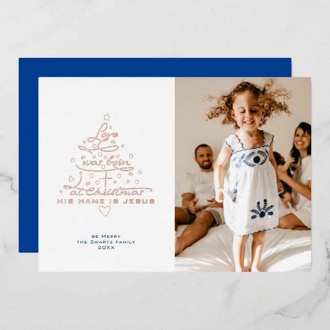 L'amour est né Arbre Foil Carte de Noël (Recto/Verso)