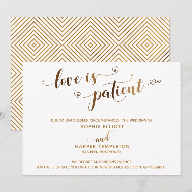 L'amour est Patient Carte de Mariage Reporté en Or (Devant / Derrière)