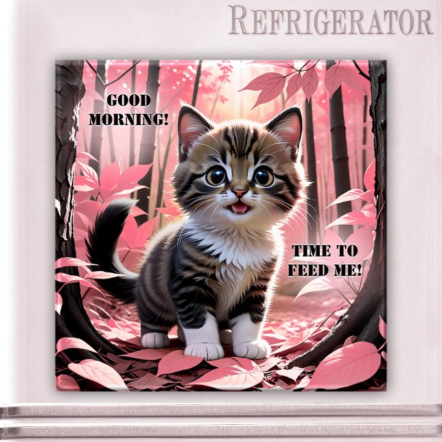 L'Amour Traverse Le Magnet Stomach Cute Kitten (Funny Valentine's Day cat magnet featuring a cute kitty in a forest - love goes through the stomach)