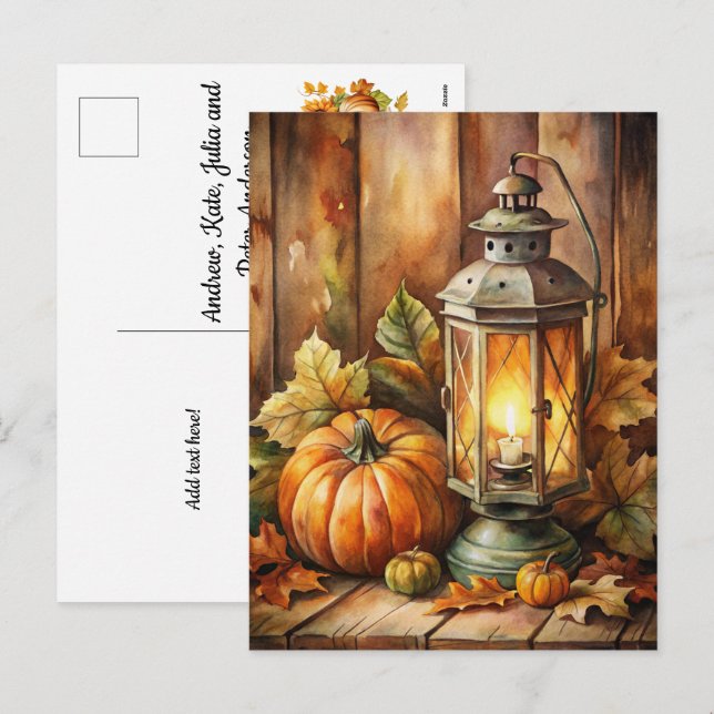 Lamp and Pumpkins Welcome Fall Holiday Postcard (Front/Back)